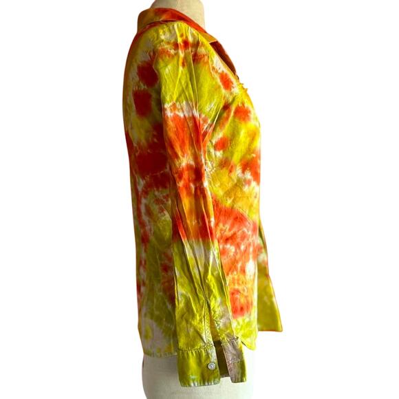 Women Top Size Small Yellow Tie Dye Button Down Office Hippie Colorful Bold Work - Picture 3 of 8